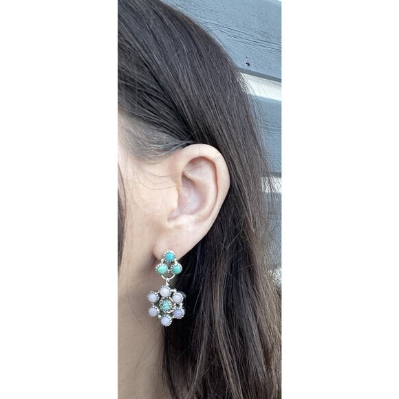 Turquoise Pink Opal Cluster Dangle Earrings Sterling Silver Southwestern 1.5” - Picture 3 of 6